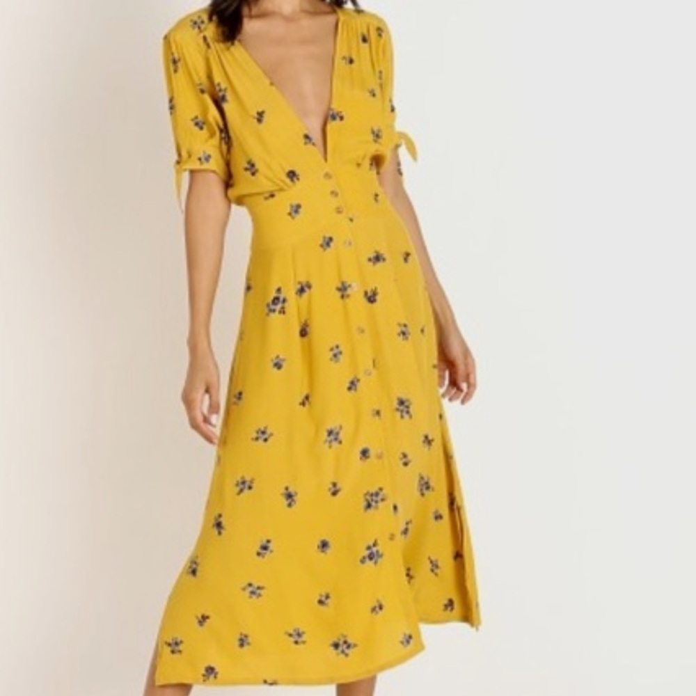 FAITHFULL THE BRAND BILLIE MIDI DRESS IN YELLOW DOLORES FLORAL PRINT DEEP V SZ 4